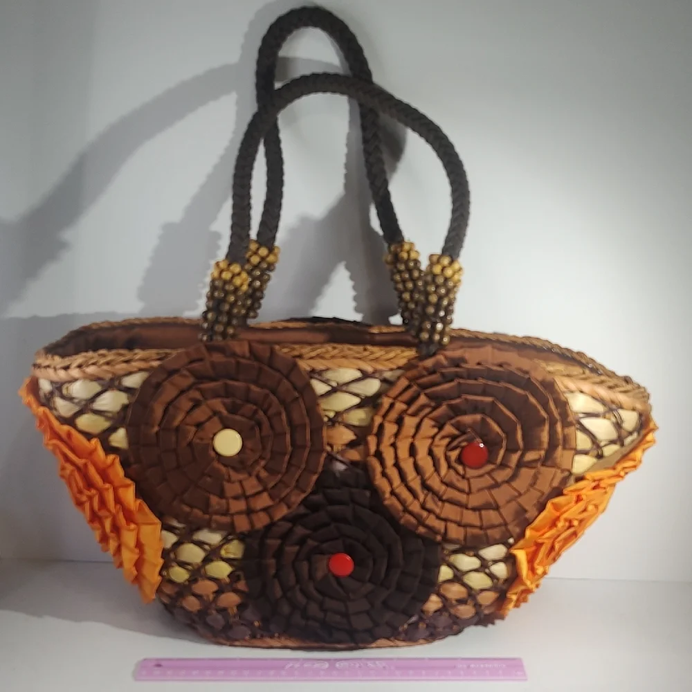 Chico's Brown and Orange Tote with Rosette Accents - Picture 1 of 16